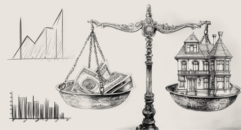 A balanced scale with money on one side and real estate on the other, symbolizing the balance between financial assets and property in wealth transfer planning.